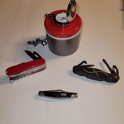 (3) Pocket Knives & Pocket Watch