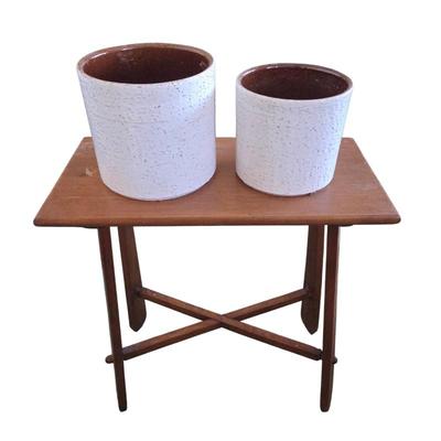 Mid-Century Modern Wooden Plant Stand with Two Stoneware Planters