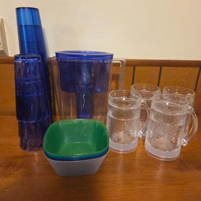 Drinkware & Kitchen Storage Lot – Brita Water Pitcher, Tumblers, Bowls & Freezer Mugs