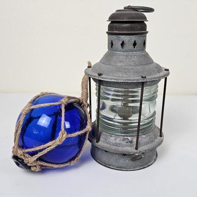 Vintage Nautical Lantern and Blue Glass Fishing Float with Rope Netting - Maritime Decor