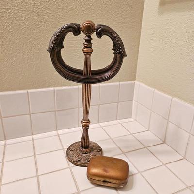 Vintage Ornate Brass Towel Holder with Decorative Base and Antique Box