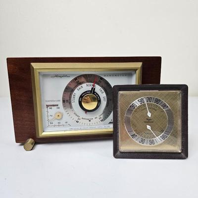 Antique Airguide Barometer & Taylor Humidiguide Vintage Weather Instruments Wood Brass