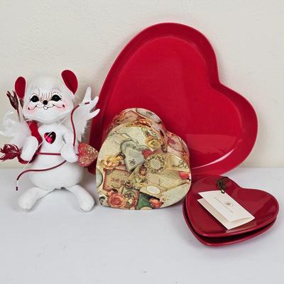 Annalee Cupid Squirrel Doll with Harry & David Red Heart Plates and Vintage Valentine's Heart Box Lot