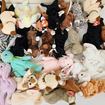 Lot of 20+ Rare TY Beanie Babies Plush Toys Assorted Animals Collection - Cat & Bunny Themed