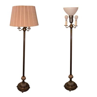 Mid Century Brass & Alabaster Four-Way Torchiere Floor Lamp With Milk Glass Shade  – Classic Traditional Style
