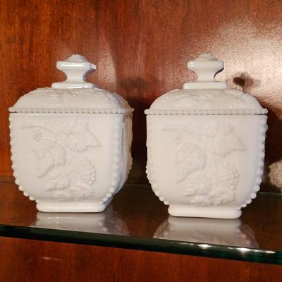 Vintage Milk Glass Covered Jars with Grape Vine Pattern - Set of 2 Decorative Collectibles