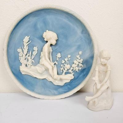 Avondale 1976 Blue & White Collector Plate by Frances Taylor Williams with Porcelain Girl Figurine