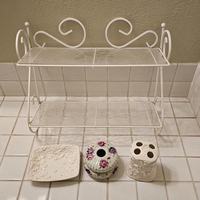 White Metal Two-Tier Decorative Shelf with Ceramic Floral Soap Dish, Floral Jar, and Toothbrush Holder
