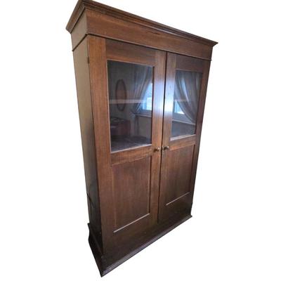 Antique Oak Wood Two-Door Glass Display Cabinet Vintage Storage Armoire