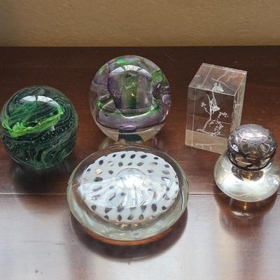 Vintage Glass Paperweight Collection - Handmade Art Glass Spheres and Laser Etched Cube