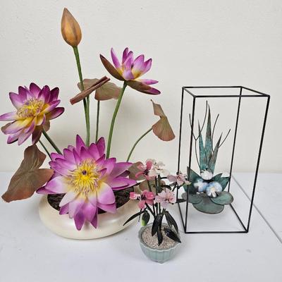 Vintage Asian Floral Sculptures Lot – Water Lilies, Orchid, Lotus
