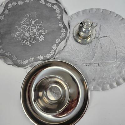 Mixed Vintage Metal Serveware & Decorative Lot – Pewter, Stainless, Commemorative Tray