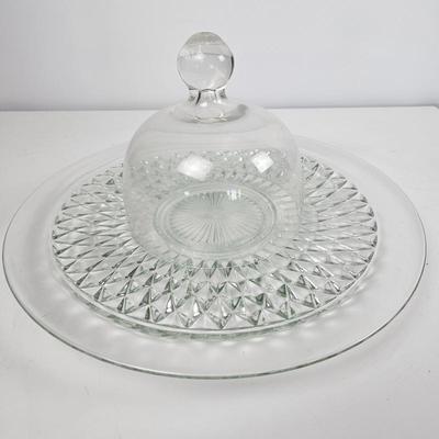 Vintage Clear Glass Cheese Dome and Platter Set with Diamond Patterned Design