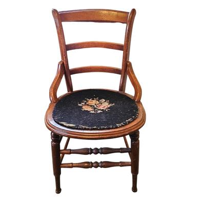 Antique American Colonial-Style Wooden Armchair with a Floral Embroidered Needlepoint Seat