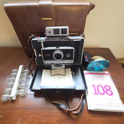 Vintage Polaroid Land Camera Model 250 with Leather Case, Flash, Bulbs & Polacolor 108 Film Pack