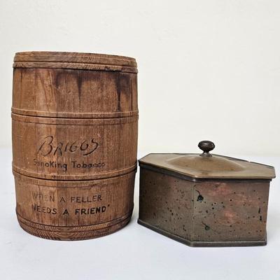 Vintage Briggs Smoking Tobacco Wooden Barrel & Brass Hexagonal Tobacco Tin Collector's Lot