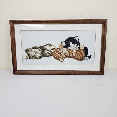 Vintage Framed Needlepoint Art of Sleeping Cats in Wood Frame