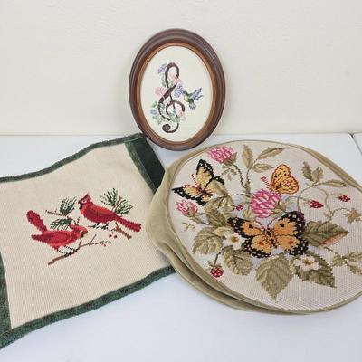 Vintage Needlepoint Art Lot - Butterfly Floral Cushion & Cardinal Bird Tapestry with Framed Treble Clef Embroidery