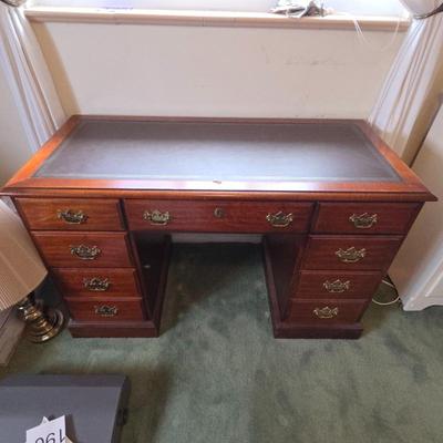Vintage Wooden Executive Desk with Leather Top and Brass Handles