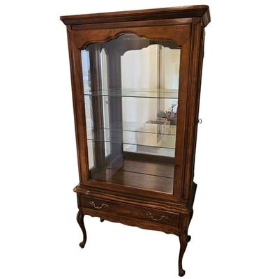 Vintage Wooden Curio Display Cabinet with Glass Shelves and Drawer & Mirrored Back
