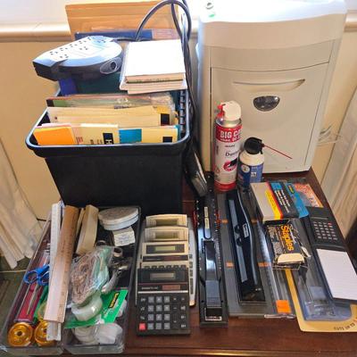 Lot of Office Supplies Including Calculators, Staplers, Paper Shredder, Paper Cutters, Envelopes, Paper & More