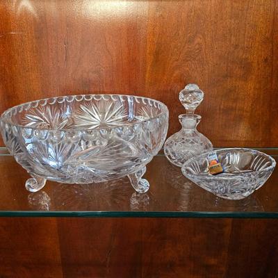 Neiman Marcus Genuine Lead Crystal Dish, Footed Bowl and Bottle w/ Stopper