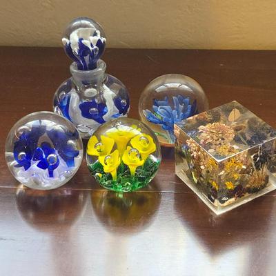 Vintage Maude & Bob St Clair Glass Paperweights, Perfume Bottle and Floral Resin Cube Decorative Collectibles