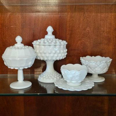 Vintage Westmoreland Milk Glass Bowl + Hobnail & Paneled Grape Compote Bowls Set