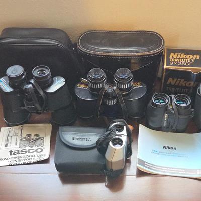 Vintage Bushnell, Nikon & 2x Tasco Mono-Power Binoculars Lot 