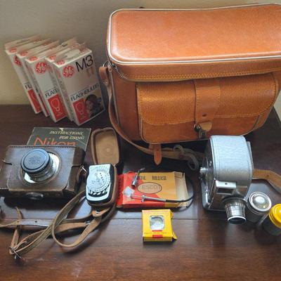 1950s Nikon S Rangefinder Camera, Leather Case, Flash Tubes & Original Manual, Keystone 8mm Movie Camera,& More