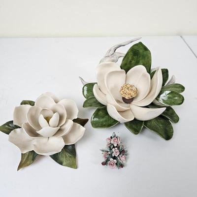 Vintage Capodimonte Porcelain Flower Wall Decor Lot - Large Magnolia & Floral Arrangement