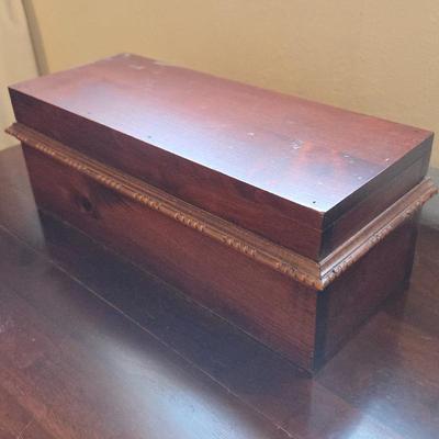 Vintage Wooden Storage Box with Ornate Trim - Durable Dark Wood Chest