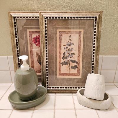 Ceramic Soap Dispenser & Soap Dish Pairs with Botanical Wall Art Set - Elegant Bathroom Decor