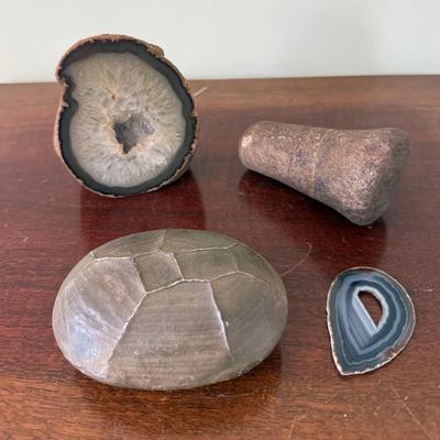 Polished Agate Geodes and Native American Stone Pestle 