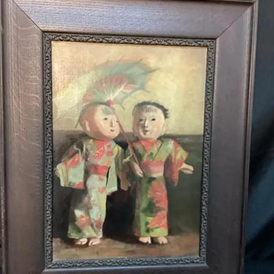 Antique Japanese Hand-Colored Print of Children in Kimono, Meiji Period c. 1890–1910