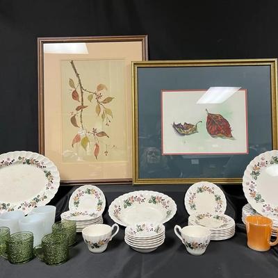 Myott China Dinnerware Set, Fire King Mugs & Framed Art Prints