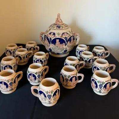 Castle Gerz German Stoneware Punch Bowl Set With Mugs – Blue & Cream Relief