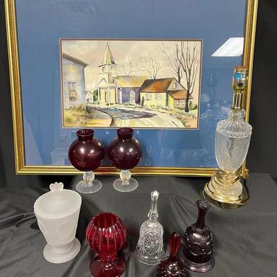 Framed Watercolor Church Scene + Cranberry Glass, Glass Bells & Lamp