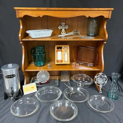 Wood Hutch Top with Vintage Kitchenware, Glassware & Coffee Urn