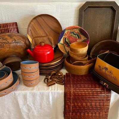 Mid Century Kitchenware – Wood Bowls & Trays, Red Enamel Pot, & Pottery Style Serving Pieces