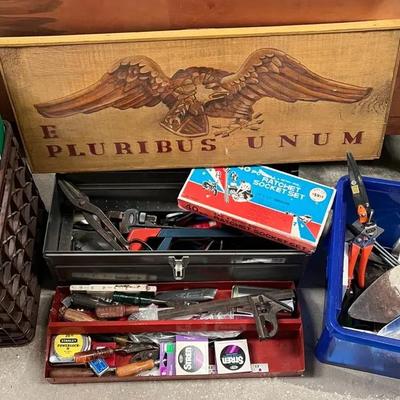 Tool Lot – Hand Tools, Socket Set, Toolbox, & E Pluribus Unum Sign