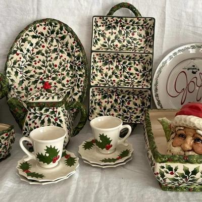 Christmas Holly Serveware Collection – Teapot, Mugs, Trays, Small Lamp & Santa Pitcher