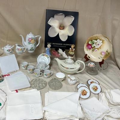 Vintage Tea Service, Floral China, Linens & Monogrammed Napkins