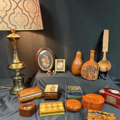 Vintage Music Boxes, Brass Lamp & Decorative Wood Boxes – Eclectic Décor Lot