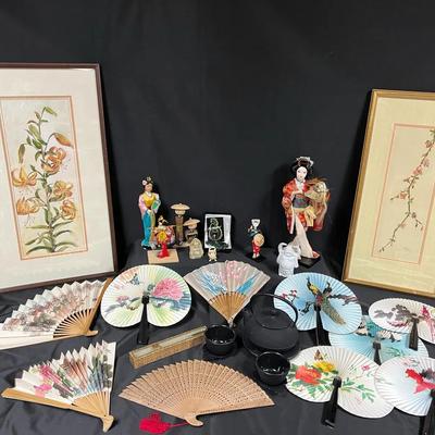Asian Decor Collection – Hand Fans, Framed Botanical Art, Figurines, Teapot & Cups