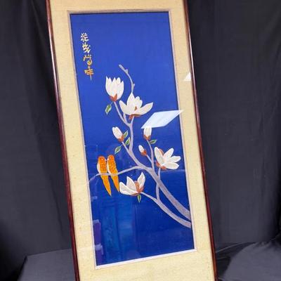 Framed Asian Stitched Art – Blue Background With Magnolia & Lovebirds