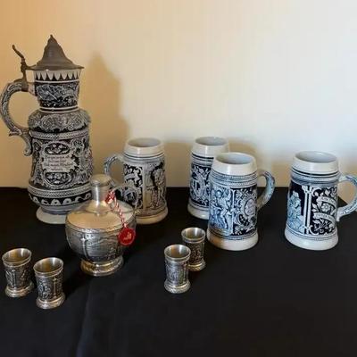 German Beer Steins & Actina Pewter – Lidded Stein, Shot Cups & Pewter Vessel