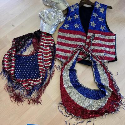 Vintage Patriotic Sequin Costume Lot – USA Flag Vest, Top & Caps