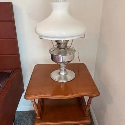 Vintage Nickel-plated Aladdin Kerosene Oil Lamp With Milk Glass Lampshade And Tiered Maple End Table