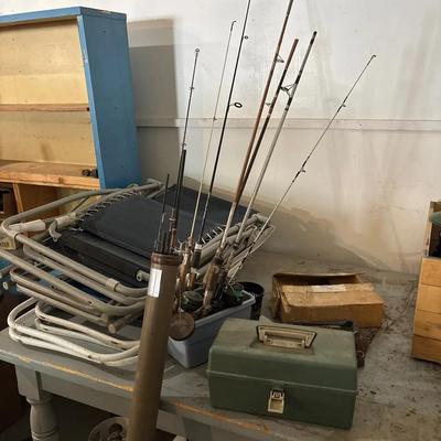 Fishing Lot: Chairs, Rods, Tackle Box, Hooks